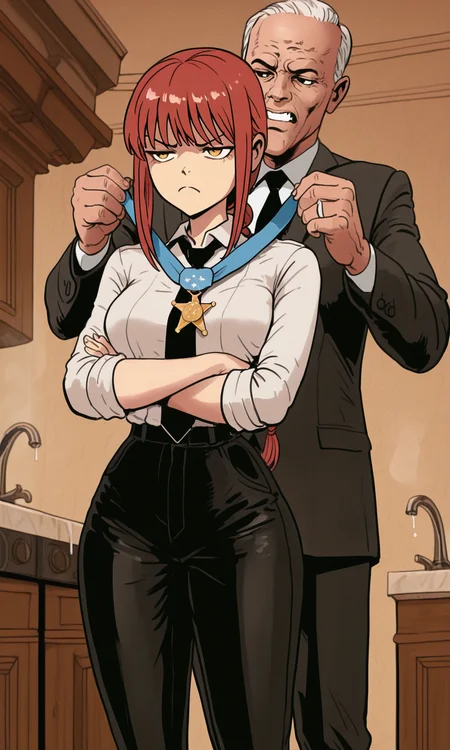 embedding:IllusP0s, f3rn4nd0, holding medal of honor from behind, 1girl, makima, annoyed, arms crossed, white shirt, black tie, black pants, 1boy, suit,<lora:Style_soph-Fernando-ILXL.safetensors:1.0:1.0> <lora:holding medal of honor from behind_illustrious.safetensors:1.0:1.0>