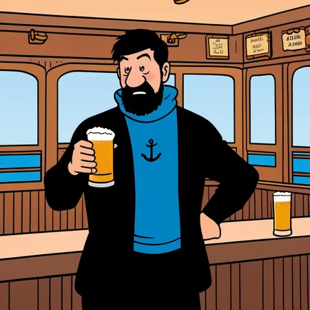 comic full body portrait man ,black hair, blue shirt, black jacket, blush, black pant, facial hair, aving a beer in a cruiseboat pub <lora:Haddock1024:0.8> . graphic illustration, comic art, graphic novel art, vibrant, highly detailed