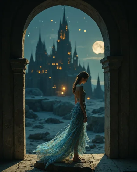 <lora:Dark_Fantasy_Anime-000021.safetensors:1> In a dimly lit setting, perched on a weathered wooden floor, delicate form contrasting against the somber backdrop of an intricate miniature. The overall atmosphere is one of whimsy and innocence, evoking a sense of fantastical storytelling.
The description depicts an ethereal woman standing barefoot on a rock, clad in a shimmering blue and gold dress that appears woven from moonbeams. Behind her rises a towering palace with golden accents, set against the backdrop of a full moon and stars. The perspective is high-angle, capturing the grandeur of the scene while soft light and pastel tones enhance the dreamlike quality.