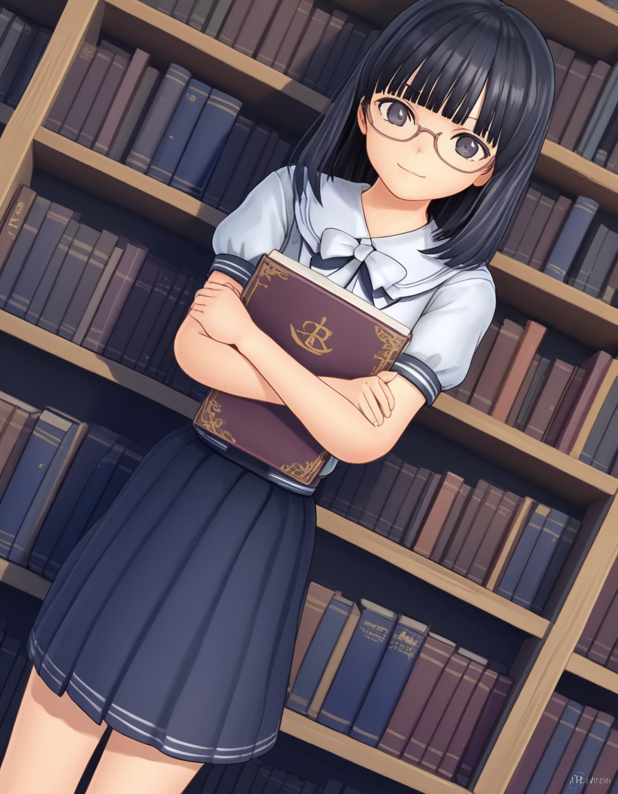 score_9, score_8_up, score_7_up, source_anime, <lora:rinze-himenogi-ingame-ponyxl-lora-nochekaiser:1>, rinze himenogi, bangs, black hair, blunt bangs, black eyes, 3d, skirt, dress, school uniform, short sleeves, puffy sleeves, black dress,, library, reading books, glasses, quiet, focused, shelves of books, , looking at viewer, crossed arms, smug, solo,, dutch angle,