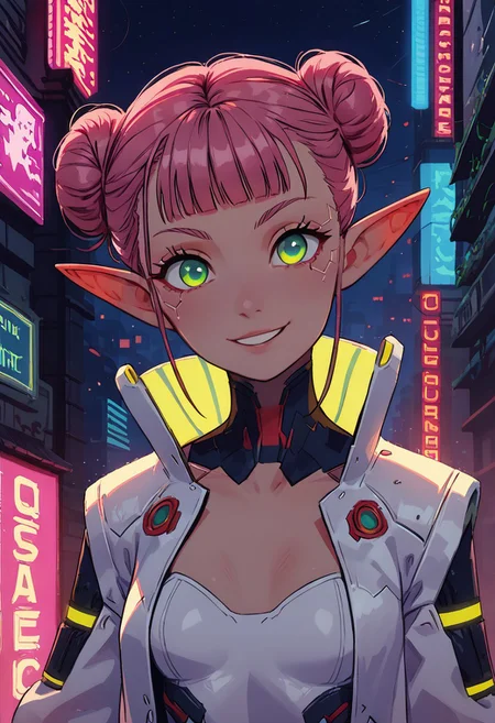 (masterpiece), highest quality, upper body, 1girl, sexy elf woman, pink hair, double bun hair, bangs, perfect detailed glowing green eyes, beautiful detailed face, slim, small breasts, leotard with puff jacket, (wicked smile), holding katana, dynamic pose, cyberpunk, futuristic, outdoors, night, city street, neon signs, food vendor, detailed background