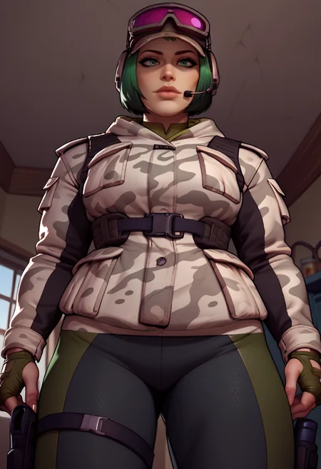 score_9,score_8_up,score_7_up,score_9,score_8_up,score_8,ultra detailed,beautiful face,beautiful hands,detailed background,detailed face,4k,HD,8k,highres,antialiasing,detailed BREAK <lora:Ela:1>,ElaSDXL,1girl,solo,short hair,gloves,hat,green eyes,jacket,green hair,pants,fingerless gloves,uniform,lips,military,military uniform,headphones,goggles,holster,camouflage,goggles on headwear,camouflage jacket,bulletproof vest,cowboy shot,room,room background,from below,