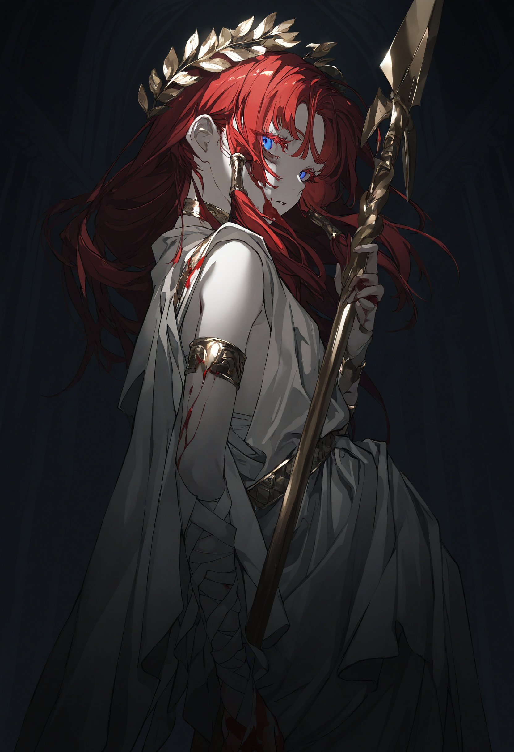 artist:[diyokama|say hana|yoneyama mai|lam],
1girl, solo, toga, red hair, greco-roman clothes, ancient greek clothes, gold choker, laurel crown, gladiator sandals,
looking at viewer, colored eyelashes, long eyelashes, blue eyes, gold hair tubes, parted lips, bags under eyes,
greco-roman architecture, bandages, blood on face, holding spear, from side, close-up,
dark, black theme, high contrast, backlighting, spot color, monochrome,
masterpiece, best quality, very awa, absurdres
<lora:noobai_vpred_1_ ancient_greek_clothes_v1:1>