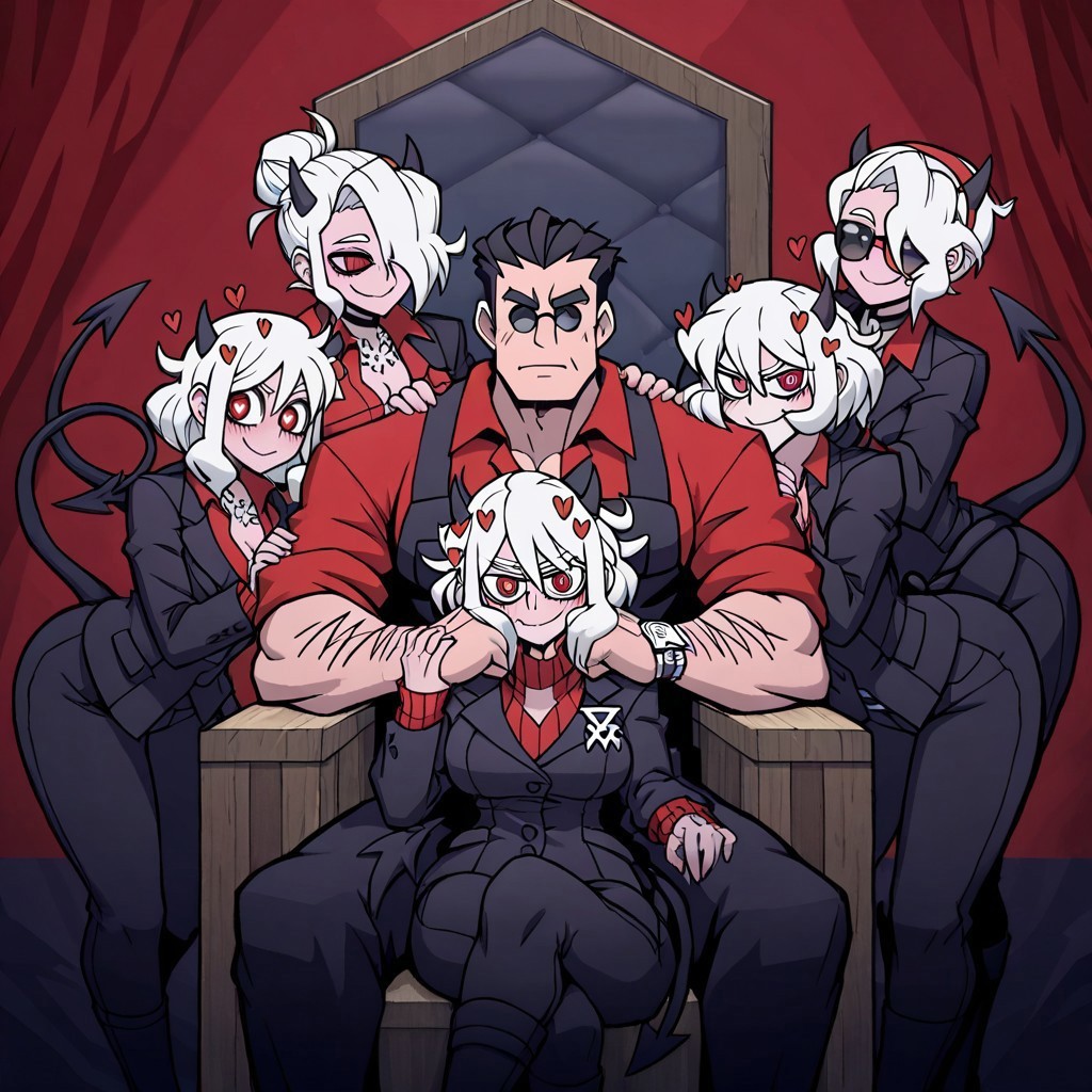 masterpiece, best quality, newest, absurdres, highres, anime, anime style, 1boy, helltaker (helltaker), black hair, short hair, muscular, muscular male, throne, sitting on throne, sitting,
sunglasses, glasses, 
HMV2.0-IL, harem, multiple girls, 
malina (helltaker), demon girl, short hair, white hair, horns, demon tail,
zdrada (helltaker), demon girl, short hair, white hair, horns, demon tail,
modeus (helltaker), white hair, horns, hearts, symbol shaped pupils, 
justice (helltaker), white hair, short hair, hairbun, black horns, demon girl, demon tail, eyes visible through eyewear, black jacket, open jacket, red shirt, sunglasses, tail, red hairband, blind, blind eyes, white eyes,
