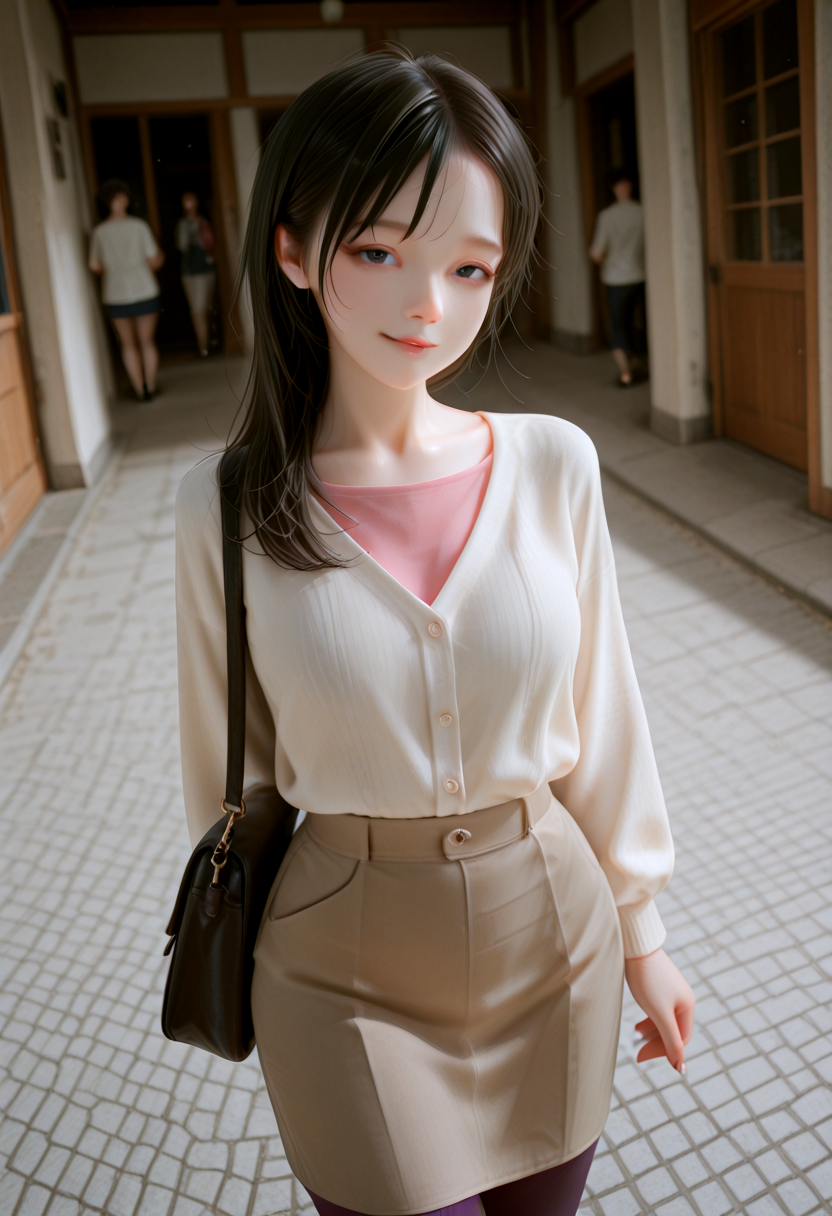 IllusP0s, masterpiece, best quality, amazing quality, very aesthetic, absurdres, newest,  (detailed eyes),((ultra detailed hair:1.4)),eye focus
BREAK
1girl,solo, k1ku_pr, black eyes,  Sparkle eyes, smile
white cardigan,pink shirt, brown skirt,pencil skirt, Purple Pantyhose, Deep brown leather bag, ((No makeup))
BREAK
Japan 2025, tourist spot, walk, good mood, bright smile, excited, cowboy shot, On holidays, families and couples crowded.
 <lora:Kiku_-_Kikus_Prayer_-_AI_Challenge:1>, parted lips, looking at viewer