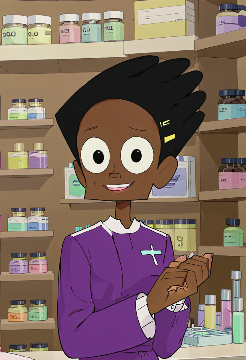 <lora:TwelveForever_Esther_XL:0.9>, esther \(regular\), own hands clasped, grin, esther, twelve forever, 1girl, solo, dark skin, short hair, black hair, black eyes, pharmacy, masterpiece, best quality
