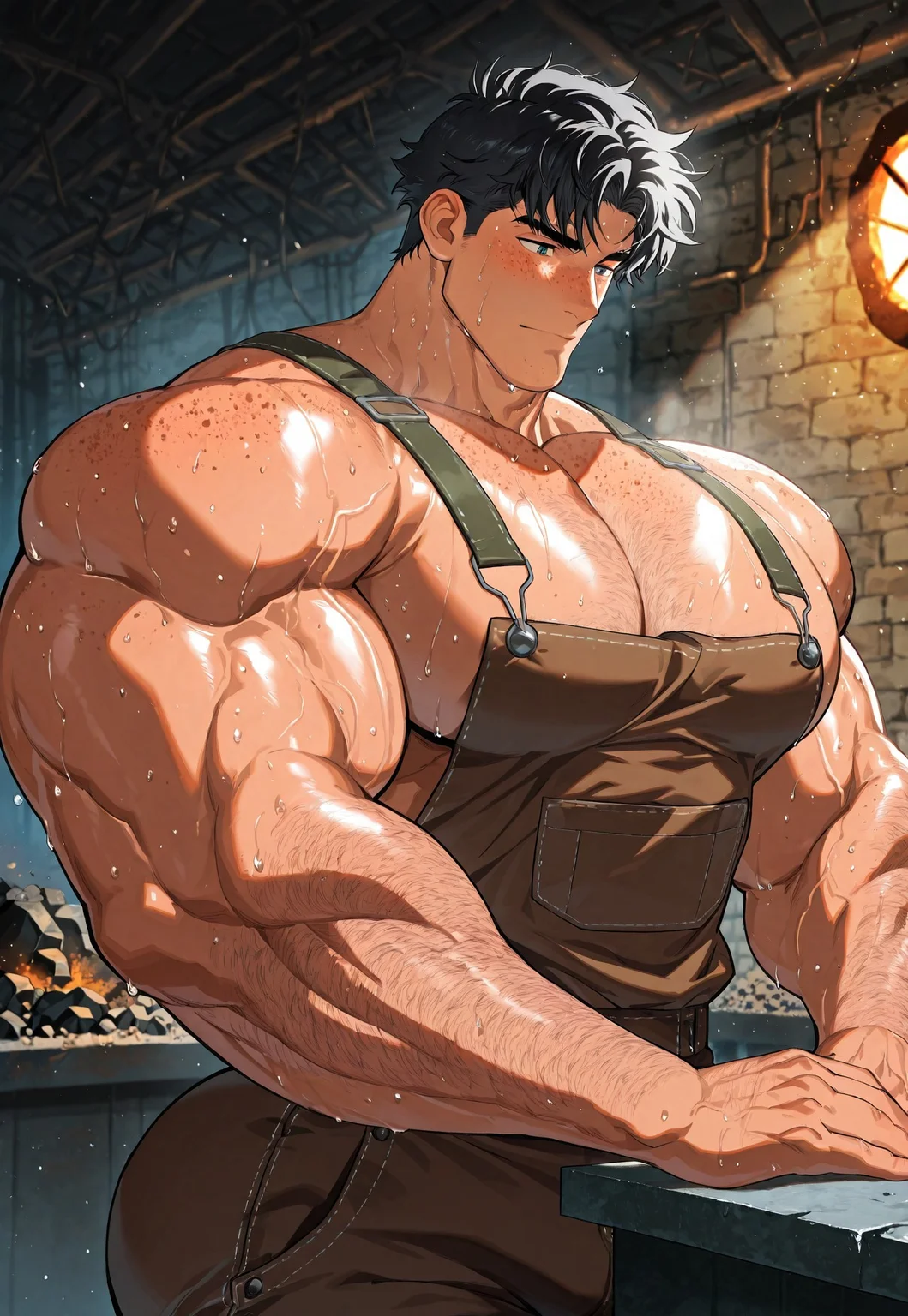 score_9,score_8_up,score_7_up, score_9, score_8_up, Intricate Details, Masterpiece, Best Quality, 1man, mature, bara, solo, male focus, correct anatomy, perfect hands, stylized seinen anime style, lots of details, shaded, detailed shading, detailed skin, counter shading, handsome, hyper-muscular, big arms, big pecs, thick thighs, black hair, short fluffy hair, thick hair, cleft chin, body hair, dressed like miner, mining, working in the mines, coal mines, sweating, freckles