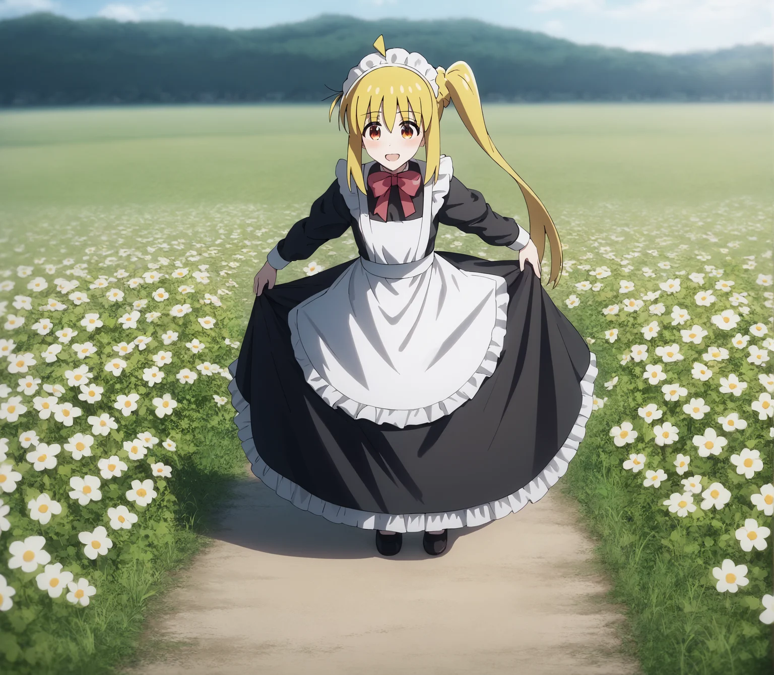 score_9, score_8_up, score_7_up, highres, hi res, best quality, masterpiece, 2d, intricate details, 4k, anime coloring, shadow, uncensored,
1girl, solo, female, :3, long hair, blonde hair, red eyes, ahoge, sidelocks, side ponytail, detached ahoge,
maid headdress, maid, maid apron, long sleeves, black dress, frills, frilled dress, frilled skirt, frilled sleeves, long dress,
cowboy shot, three-quarter portrait, facing viewer, front view, standing,
flower field, outdoors, grass, on grass, depth of field, motion blur, <lora:Nijika_Ijichi_1024_Pony:1>, ijichi nijika, bocchi the rock!,