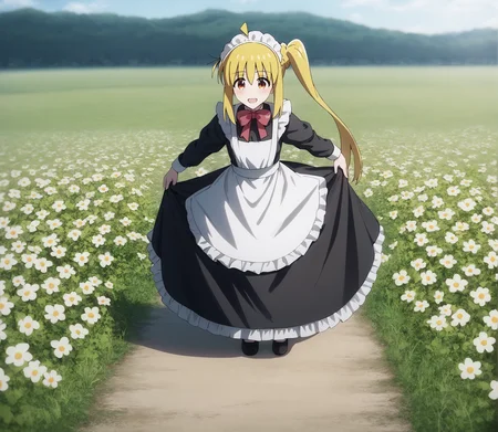 score_9, score_8_up, score_7_up, highres, hi res, best quality, masterpiece, 2d, intricate details, 4k, anime coloring, shadow, uncensored,
1girl, solo, female, :3, long hair, blonde hair, red eyes, ahoge, sidelocks, side ponytail, detached ahoge,
maid headdress, maid, maid apron, long sleeves, black dress, frills, frilled dress, frilled skirt, frilled sleeves, long dress,
cowboy shot, three-quarter portrait, facing viewer, front view, standing,
flower field, outdoors, grass, on grass, depth of field, motion blur, <lora:Nijika_Ijichi_1024_Pony:1>, ijichi nijika, bocchi the rock!,
