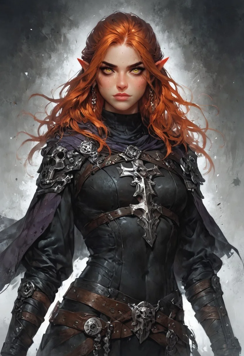 score_9, score_8_up, score_7_up, woman, simple background, dark background, yellow eyes, gorgeous, elf, rogue outfit, black pagan outfit, pale skin, solo, black religious robes, pagan mystic jewelry, black iron crown, pagan ornaments, violet cloak, standing up straight, calm face, runic tattoos, ginger hair, closed mouth, cowboy shot, looking at viewer
