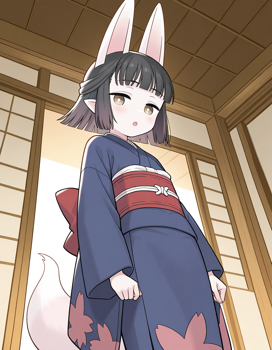 general,highres, ultra-detailed,very aesthetic,best quality ,best hands,  BREAK <lora:Hasaha_IS:1.1> Hasaha, 1girl,solo, two pieces sash, red belt,
1girl, kimono, solo, japanese clothes, animal ears, tail, fox ears, black hair, sash, from below, looking at viewer, blush, obi, pointy ears, fox tail, blue kimono, short hair, yellow eyes, open mouth, bangs, long sleeves, fox girl, wide sleeves, brown eyes, indoors, standing, :o, medium hair, blunt bangs, looking down, 
Japanese room, tatami,