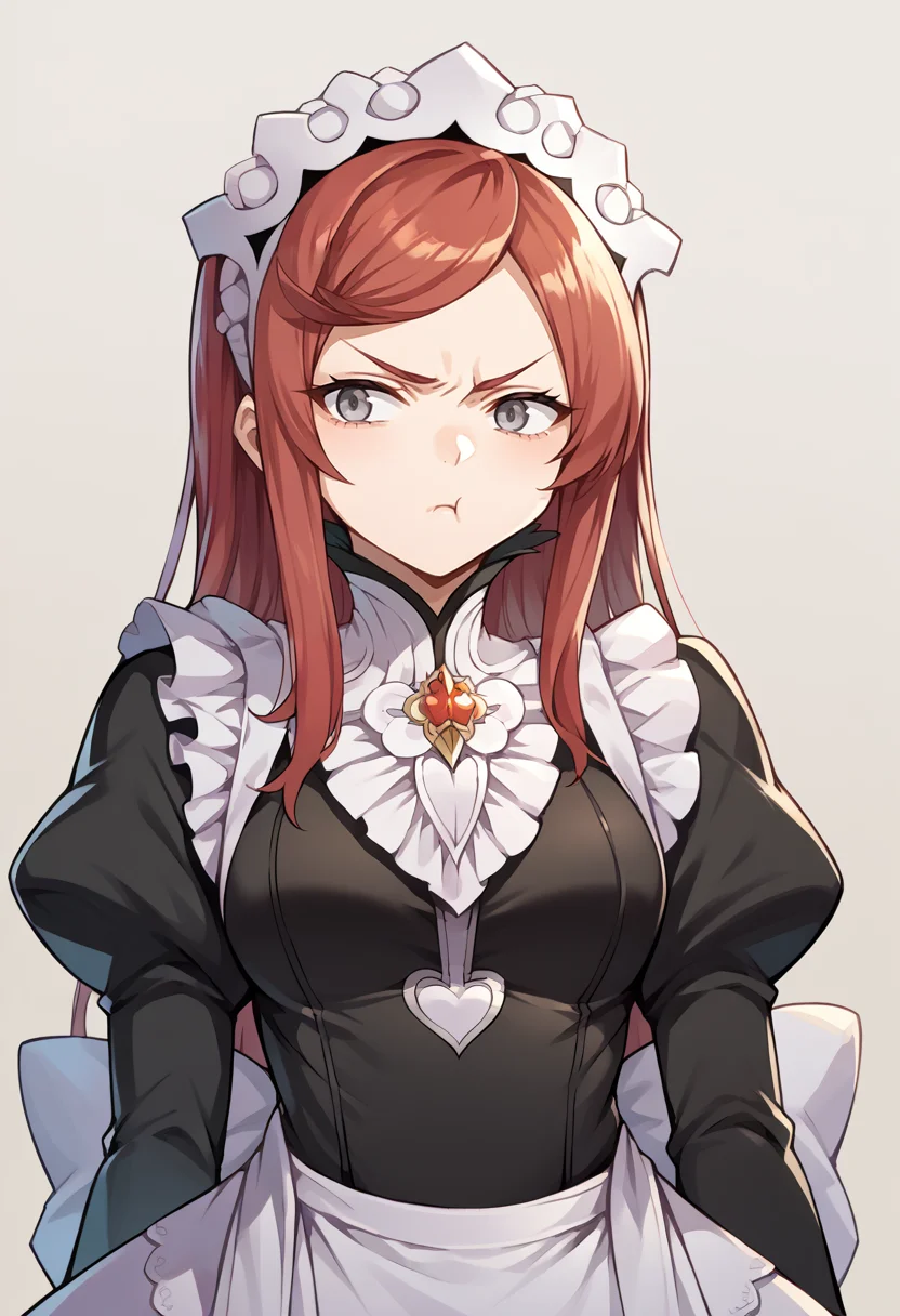 score_9, score_8_up, score_7_up, source_anime BREAK solo, 1girl, <lora:Airiban-pdxl_Fp:1>, airiban, red hair, grey eyes, long hair, <lora:fatesmaid-fe-richy-v1_pdxl:1>, fates maid, maid headdress, maid apron, bridal gauntlets, black thighhighs, <lora:Pout_XLPD:1>, pout, :t, closed mouth