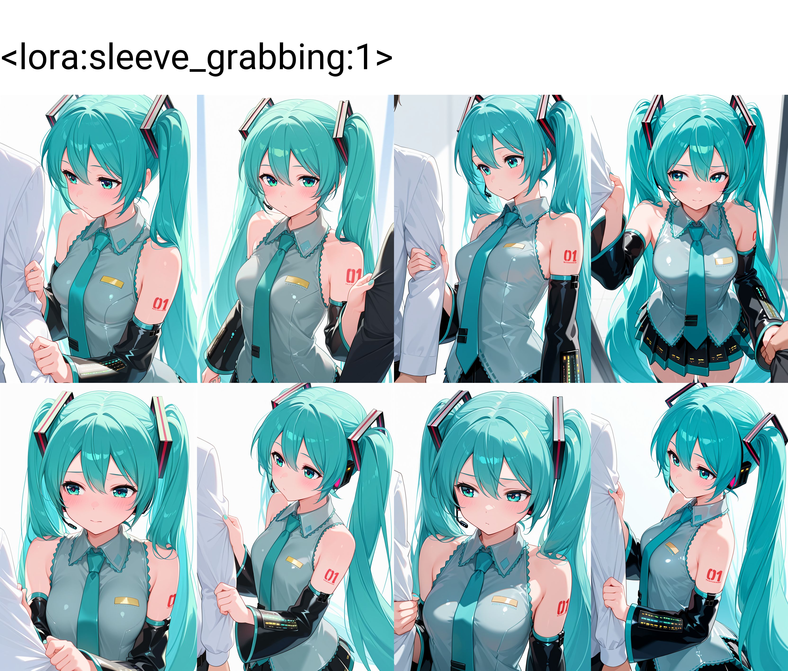 masterpiece, high quality, absurdres, 1girl, hatsune miku, sleeve grab, grabbing another's sleeve,  <lora:sleeve_grabbing:1>