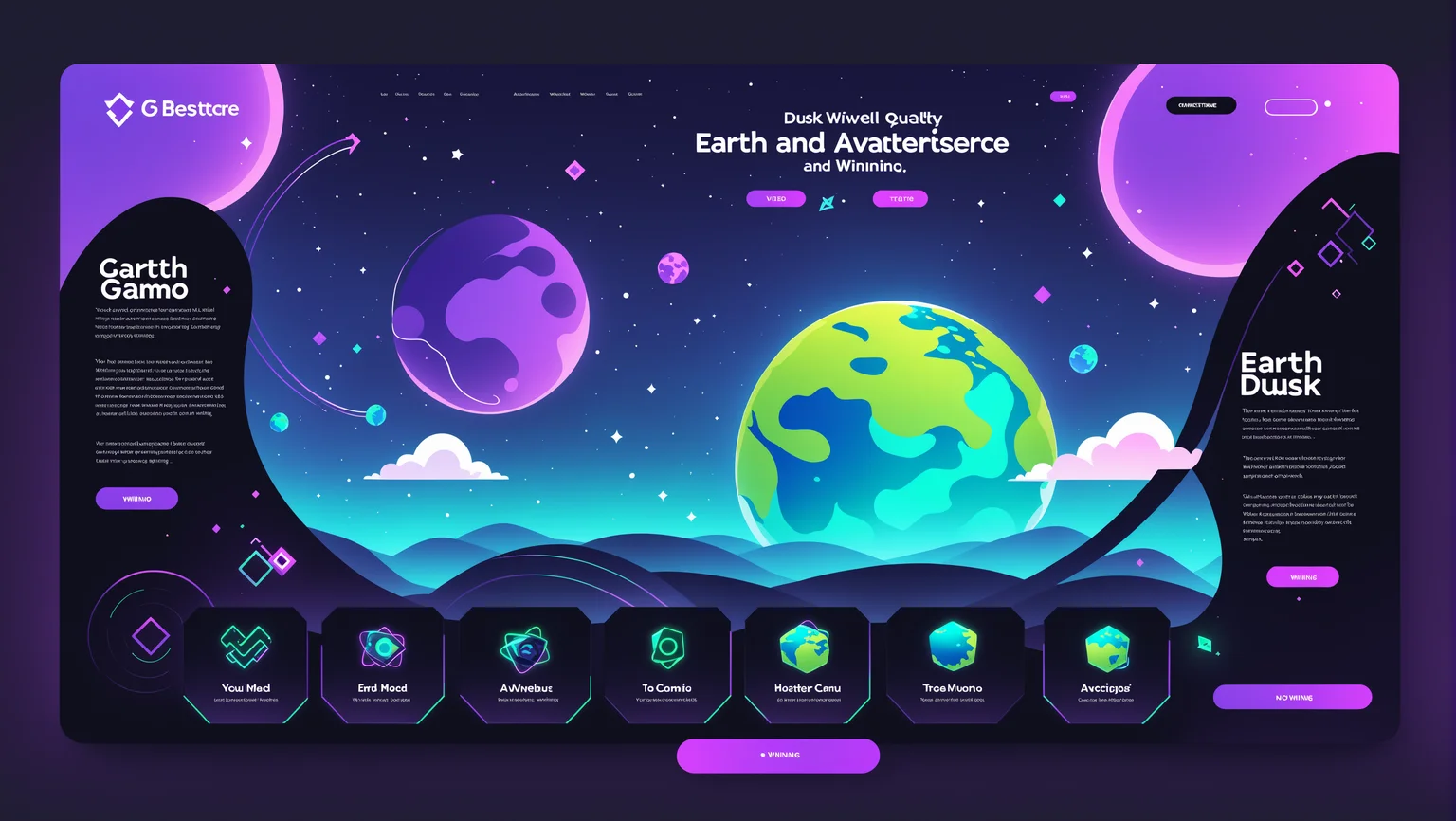 UI-UX Style, Earth and Dusk, website mockup, vector art of a playful video game, black gradient theme, green and purple elements, extremely well designed, award winning, cinematic advertising, no humans, masterpiece, best quality, <lora:UiUX-SDXL:0.5>