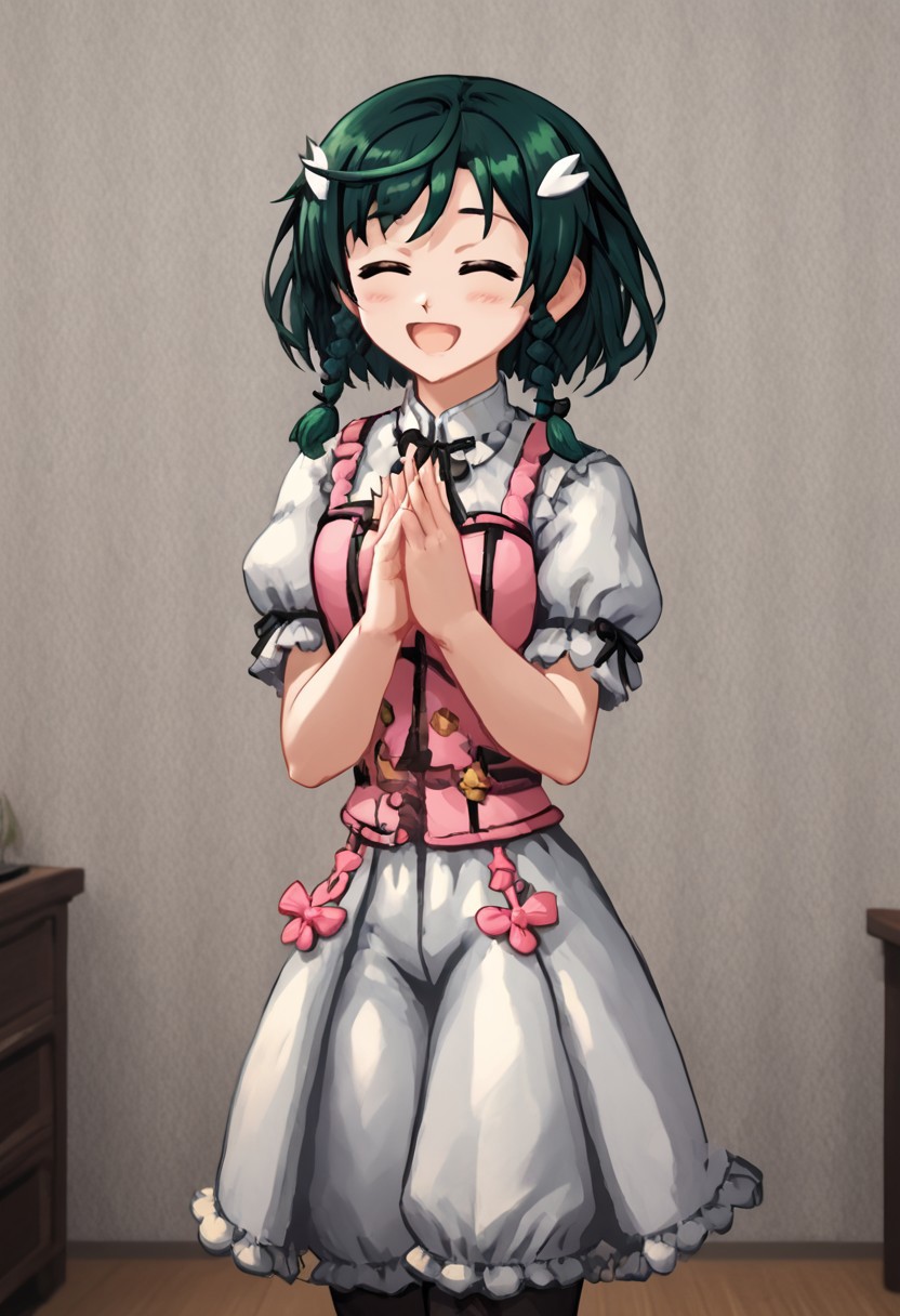 score_4,score_5,score_6,score_7_up,score_8_up,score_9
((masterpiece,best quality,ultra detailed,highres,HD,4k:1.2)),
1 cute girl,
upper body,1girl, solo, medium hair, dark green hair, braids, two braids, yellow eyes,  pink top, ribbon on clothes,white pants skirt, pantyhose, black footwear, boots, white shirt, short sleeves, puffy sleeves, hair ornament,
room, living room, open mouth,closed eyes, blush, happy, smile, put your hands together,