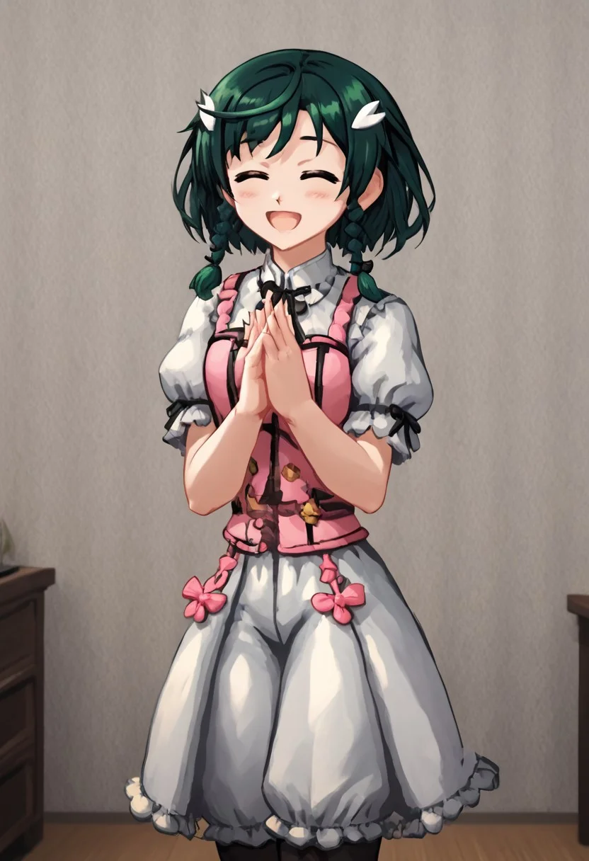 score_4,score_5,score_6,score_7_up,score_8_up,score_9
((masterpiece,best quality,ultra detailed,highres,HD,4k:1.2)),
1 cute girl,
upper body,1girl, solo, medium hair, dark green hair, braids, two braids, yellow eyes,  pink top, ribbon on clothes,white pants skirt, pantyhose, black footwear, boots, white shirt, short sleeves, puffy sleeves, hair ornament,
room, living room, open mouth,closed eyes, blush, happy, smile, put your hands together,