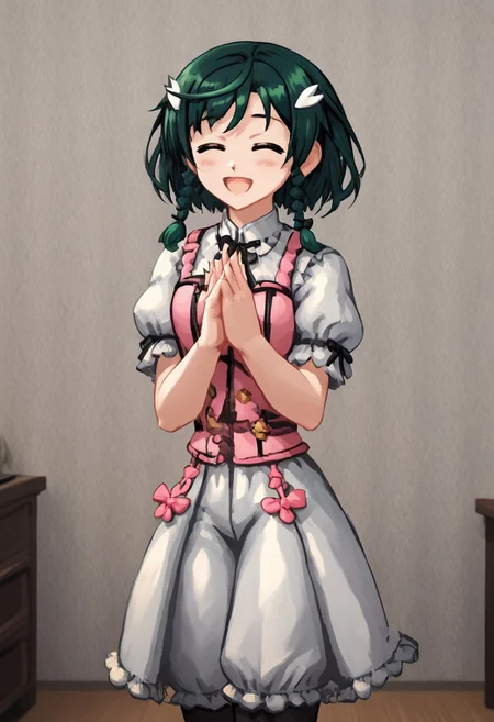 score_4,score_5,score_6,score_7_up,score_8_up,score_9
((masterpiece,best quality,ultra detailed,highres,HD,4k:1.2)),
1 cute girl,
upper body,1girl, solo, medium hair, dark green hair, braids, two braids, yellow eyes, pink top, ribbon on clothes,white pants skirt, pantyhose, black footwear, boots, white shirt, short sleeves, puffy sleeves, hair ornament,
room, living room, open mouth,closed eyes, blush, happy, smile, put your hands together,