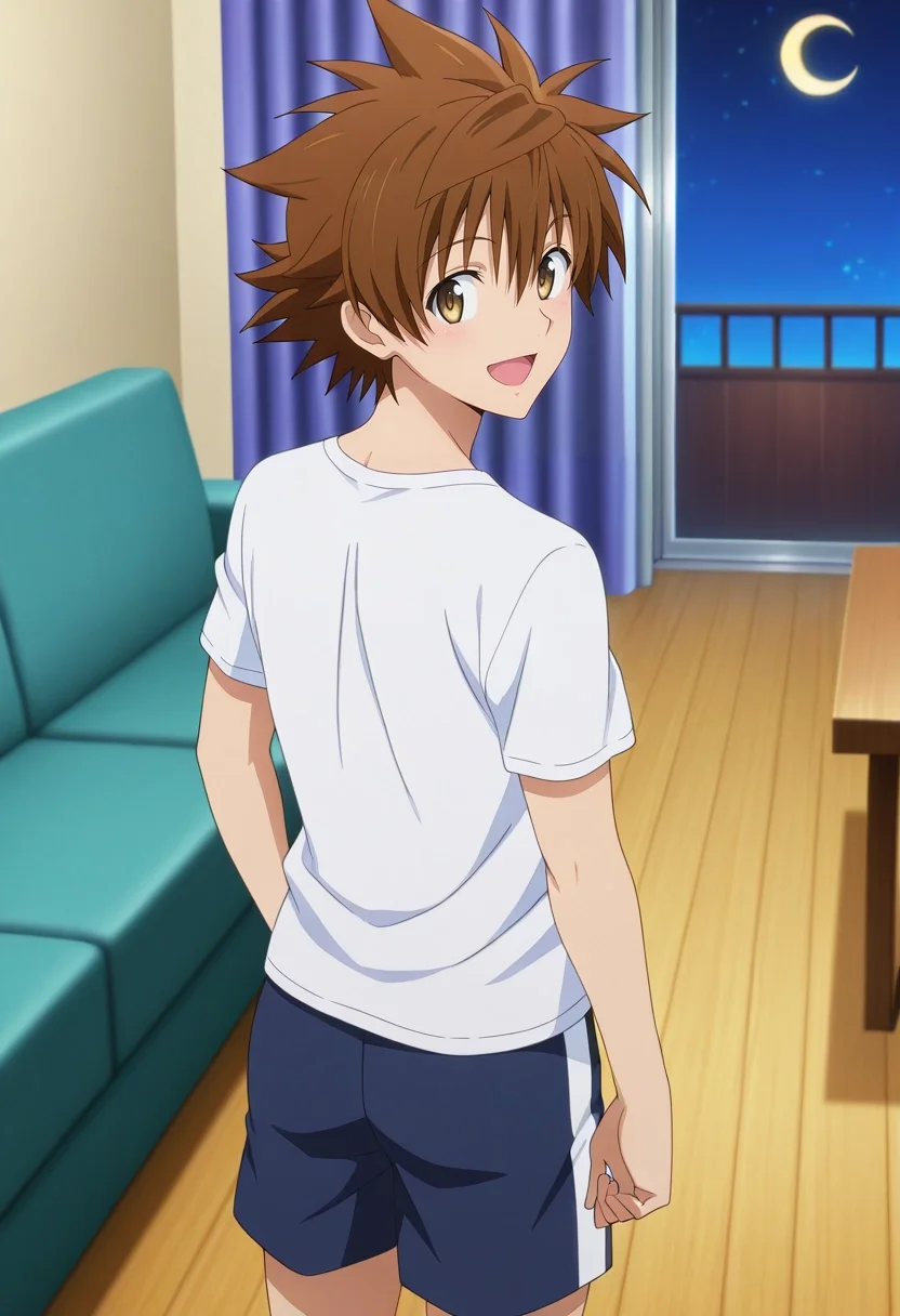 masterpiece, best quality, , anime screencap, anime coloring, official style, looking at viewer, 1boy, solo, male focus, <lora:rito_yuuki_ilxl:0.9>, rito_yuuki, brown hair, brown eyes, spiked hair, upper body, living room, couch, night, crescent moon, looking back, :D, Tailored shorts, Graphic T-shirt, Sandals, Trilby hat,