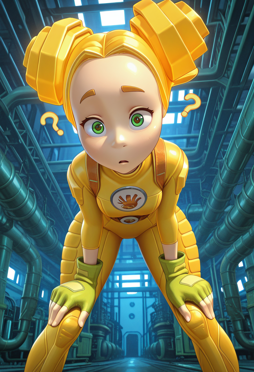 Graphic Design, color art, vibrant colors, colorful, intricate details, high contrast, detailed background, beautiful detailed, beautiful face, detailed eyes, detailed face, new, 1girl, solo, shpulya, yellow hair, double bun, green eyes, gloves, fingerless gloves, bodysuit, yellow bodysuit, belt, looking at viewer, (confused:1.4), raising one eyebrow, bent over, leaning forward, low angle, perspective, hands on own knees, factory, (masterpiece, best quality, newest, recent, absurdres),