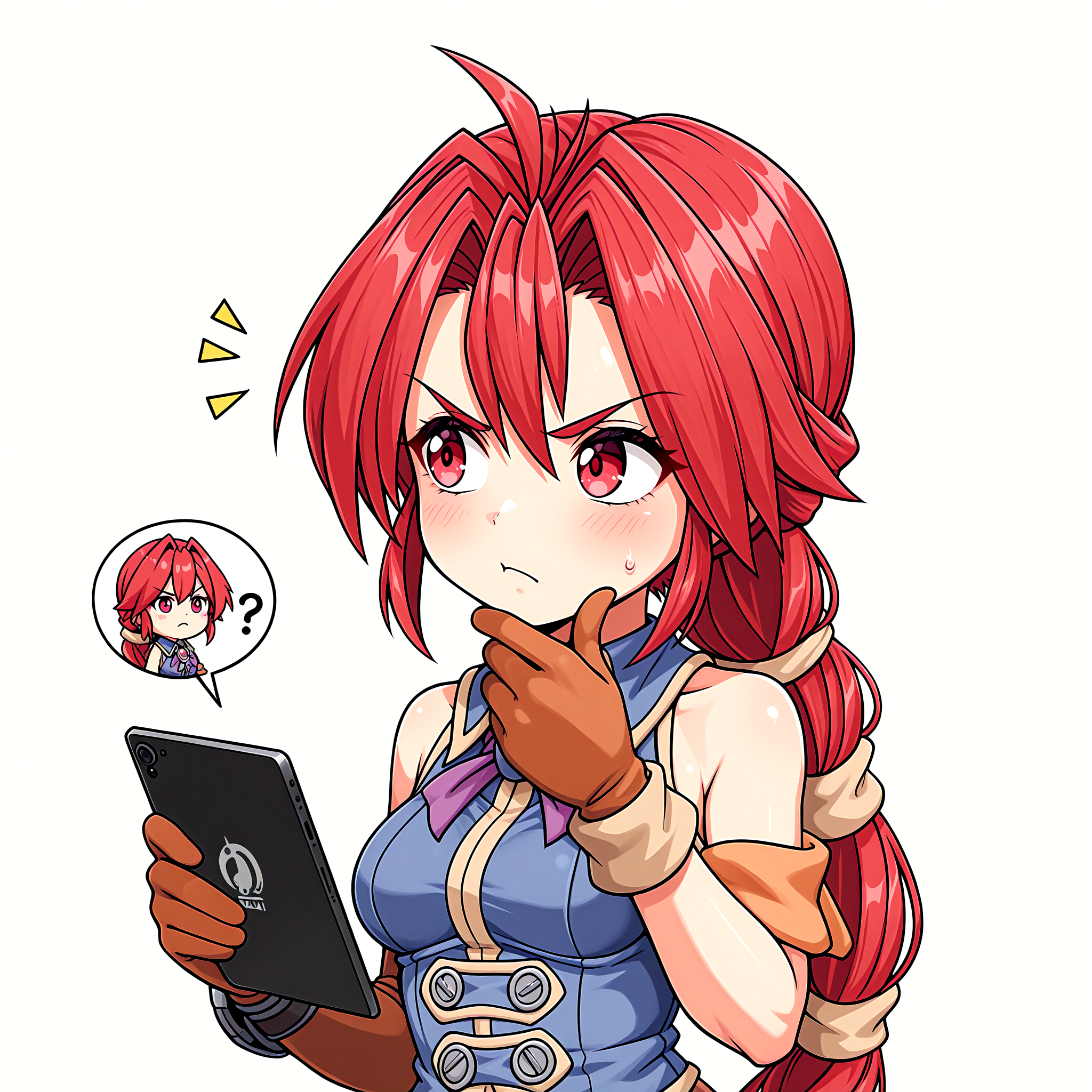 1girl, looking at the screen, looking away, holding an i pad, tablet,  bothered look, gloves, hand on chin, questioning tone, one eye squint, triggered, angry, emojii, chibi, meme, color, simple background, monica Raybrandt, white background,best quality, highres, absurdres, masterpiece, high details, high quality, incredibily absurdres