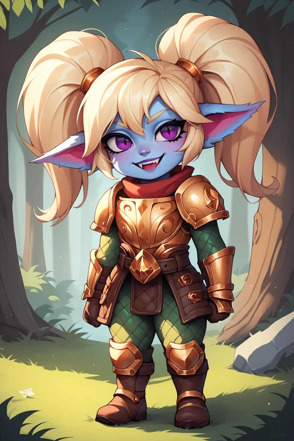 score_9, score_8_up, score_7_up, score_6_up, score_5_up, score_4_up, PoppyLoLXL, yordle, shortstack, purple eyes, blonde hair, twintails, blue skin, colored skin, golden armor,green snakeskin shirt, green snakeskin pants, brown boots, standing, looking at viewer, seductive smile, forest, tree <lora:PoppyLoLXL:0.7>