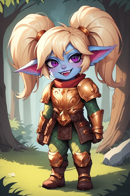 score_9, score_8_up, score_7_up, score_6_up, score_5_up, score_4_up, PoppyLoLXL, yordle, shortstack, purple eyes, blonde hair, twintails, blue skin, colored skin, golden armor,green snakeskin shirt, green snakeskin pants, brown boots, standing, looking at viewer, seductive smile, forest, tree <lora:PoppyLoLXL:0.7>