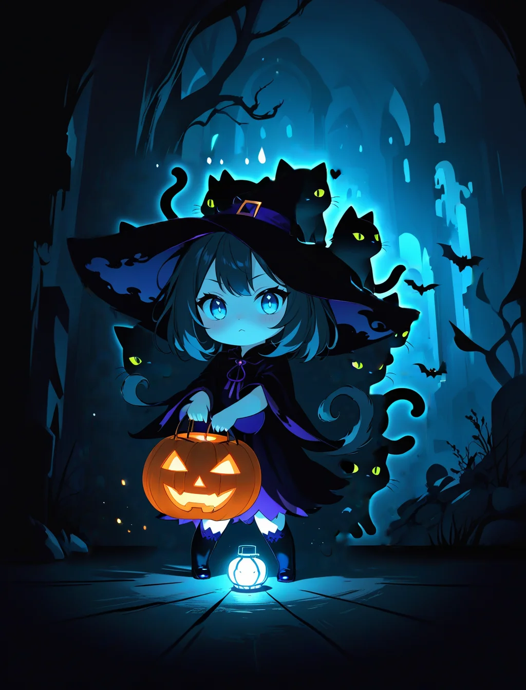(abstract), midnight, darkness, dark crypt, low key, moody, (ghostly kitten), cute, glowing, (chibi girl witch), liminal, skittering shadows, single pumpkin lantern, masterpiece, moody, creative image, best quality, raw, gritty, high contrast, <lora:epi_noiseoffset_v2:3>r