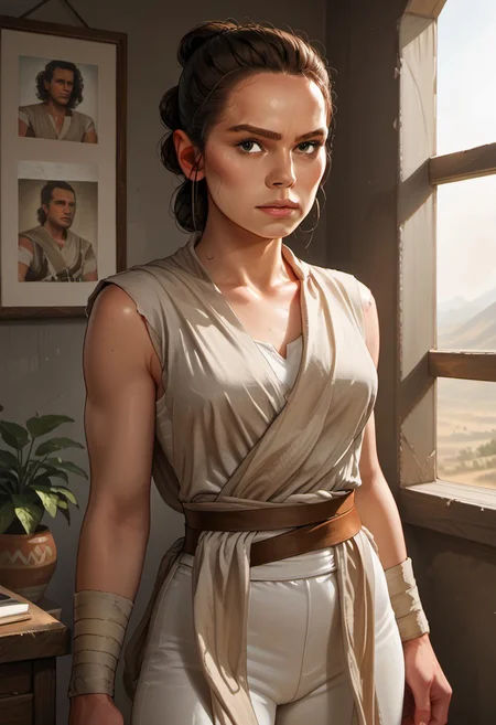 score_9, score_8_up, score_7_up, score_6_up,
1 girl , big eyes, 1 gorgeous girl)
Rey, 1girl,  solo, brown hair, brown eyes,
sleeveless, jedi, white cloth, white pants, bandages,
standing in front of the viewer,
portrait picture