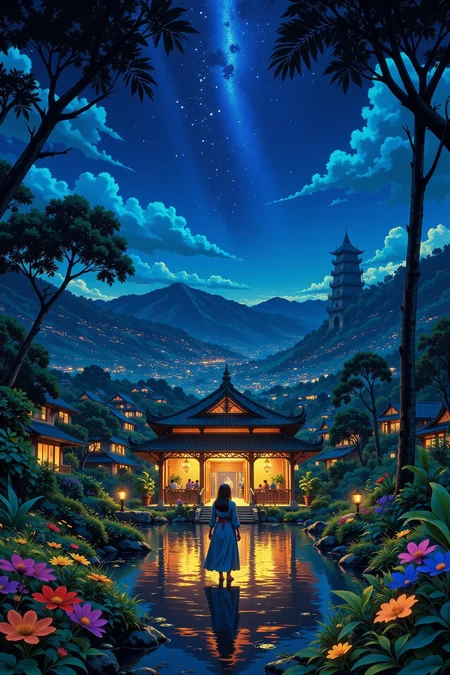 Indonesian beautiful landscape, bright luminous night, woman, very intricate, very detailed, sharp, bright, colorful, <lora:Hand v2:0.5> <lora:Anti-Blur:1><lora:Insane Detail Slider:0.25>  <lora:flux.1_lora_flyway_Epic-detail_v2:0.3> <lora:fluxenhancer:0.25> <lora:ROWER:0.6> <lora:flux-charmer-v1-1:0.4>>  <lora:Anime_style:0.8> anime style