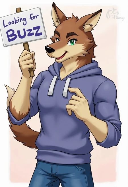 score_9,score_8_up,score_7_up,score_6_up, anthro wolf, brown fur, green eyes, eyes looking towards viewer, muscular, smiling, friendly look on face, blue hoodie, blue jeans, holding sign with text that says "Looking for buzz"