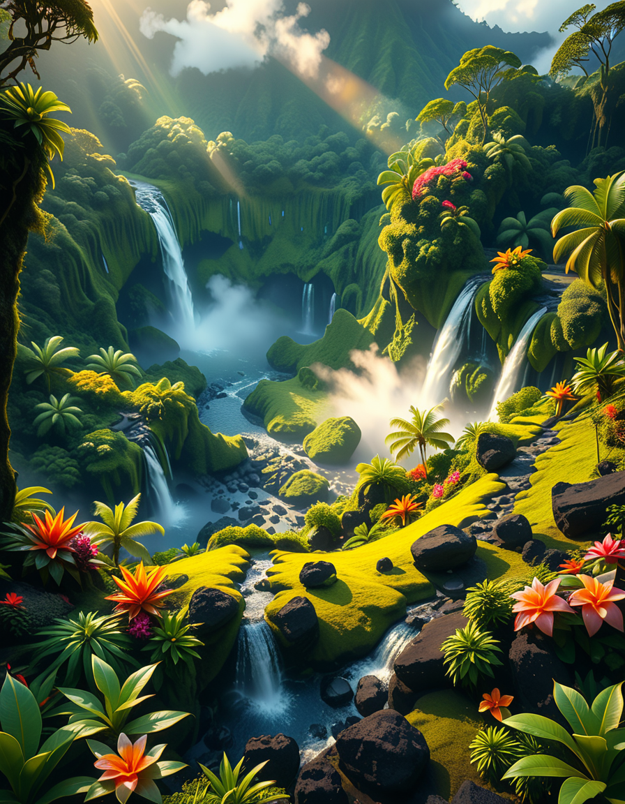 A breathtaking view of an ancient, dormant volcano now transformed into a lush, vibrant natural sanctuary. The crater is filled with dense tropical forests, colorful exotic flowers, cascading waterfalls, and mist swirling gently in the morning light. Vines and moss cover the dark volcanic rocks, and small streams wind down the slopes. while rays of sunlight pierce through the dense canopy, creating sparkling reflections on the water. The atmosphere feels peaceful, enchanted, and untouched by humans. The scene is depicted in an ultra-detailed, hyper-realistic style, with warm, soft lighting and rich, saturated colors that enhance the magical and serene mood of the landscape.
<lora:SDXLFaeTastic2400:0.4> <lora:extremely_detailed:0.4> extremely detailed, <lora:dormant_v0lc4n0:1>,dormant v0lc4n0, Masterpiece,best quality,hi res,8k,hi res,8k,award winning,(sharp focus, intricate, highly detailed),
