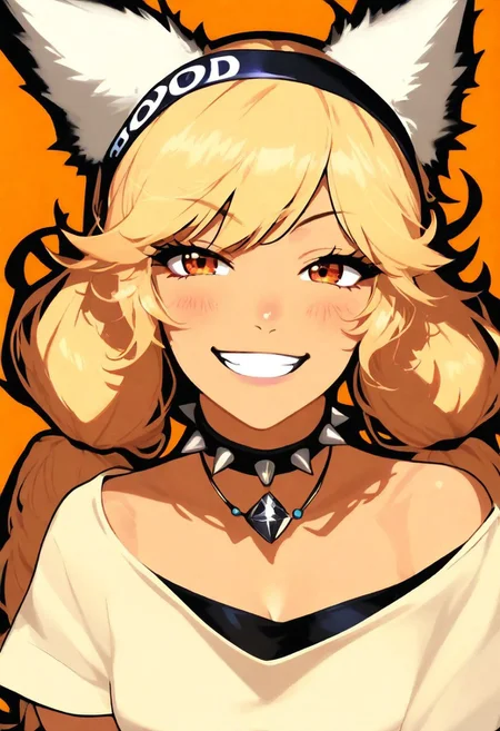 ( colored illustration with a bold black outline :1.8),Young woman, light blonde hair, pigtails, cat ears headband, vivid yellow, mischievous grin, light blush, whitish-cream colored, simple crew neck t-shirt, exposed shoulders, cleavage, small breasts, black spiked choker necklace, reddish-orange pendant, posed casually, reddish-orange background, vibrant, detailed, close-up perspective, soft lighting, digital painting,