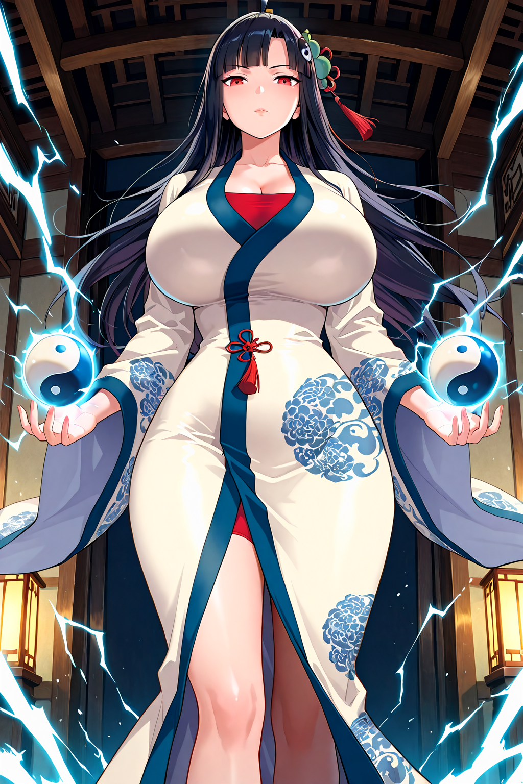 front view,holding,yin yang,
1girl,mature female,milf,huge breasts,narrow waist,wide hips,looking at viewer,magic,electricity,
Best quality,masterpiece,soft light,official art,high quality,highres,absurdres,epic scene,natural textures,<lora:Huang Xiaoyan IL V2:1>,huang xiaoyan,red eyes,long hair,black hair,parted bangs,hair ornament,ahoge,white and blue robe,red underwear,chinese clothes,