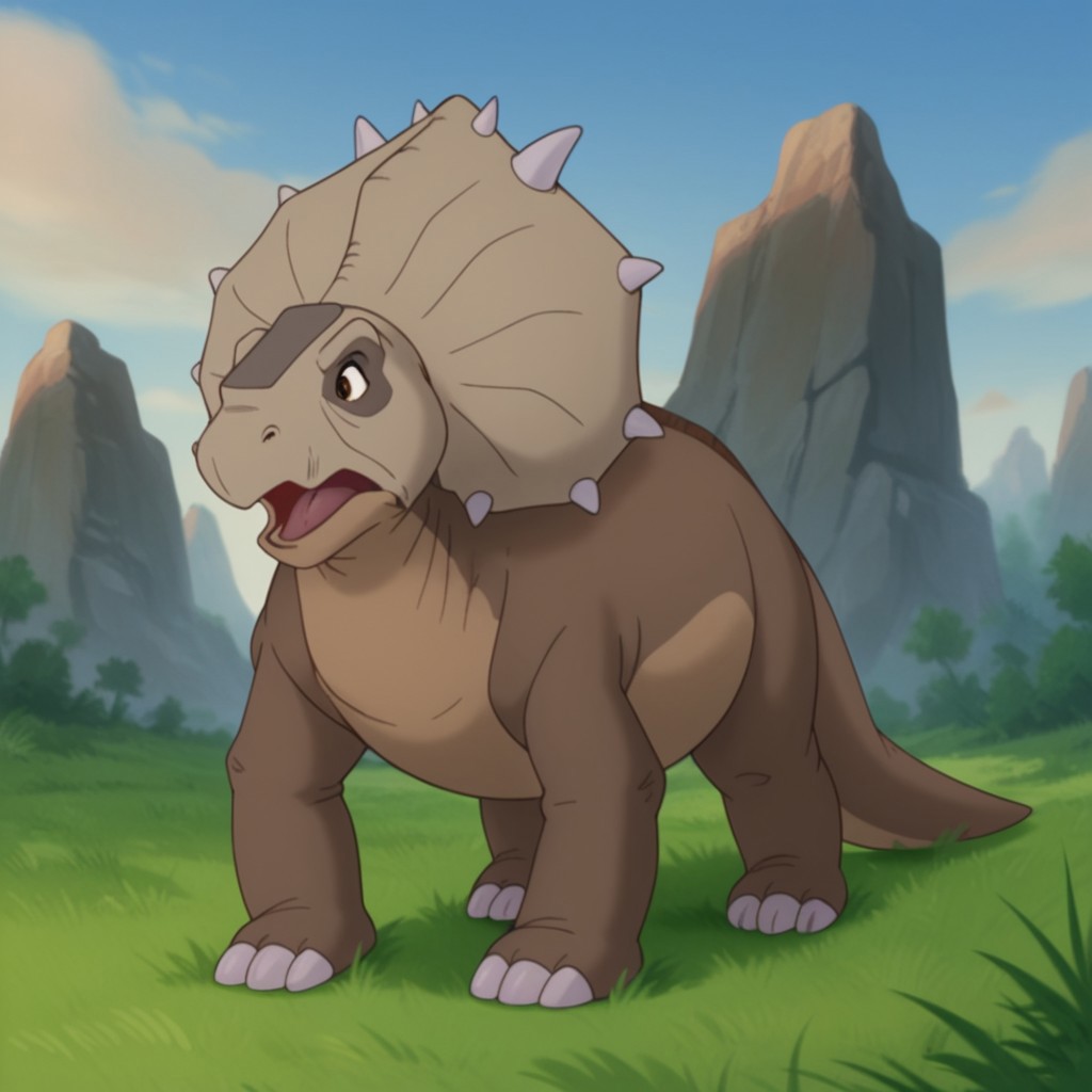 score_9, score_8_up, score_7_up, score_6_up, score_5_up, score_4_up, source_furry, thicknoselbt, feral, male,dinosaur, crest, spikes, Pachyrhinosaurus, brown skin, brown eyes,, standing, in a grassy field, open mouth