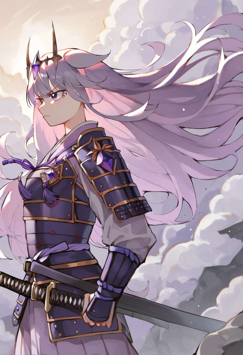 score_9, score_8_up, score_7_up, hadrian, source_anime, 1girl, boulders in back ground, stones, pepples, <lora:ChamKosekiBijouPonyXL:0.8> KosekiBijou, long hair, hair flaps, floating headpiece,  <lora:samurai_armor_pony:1.1> samurai, purple clothes, holding katana, serious