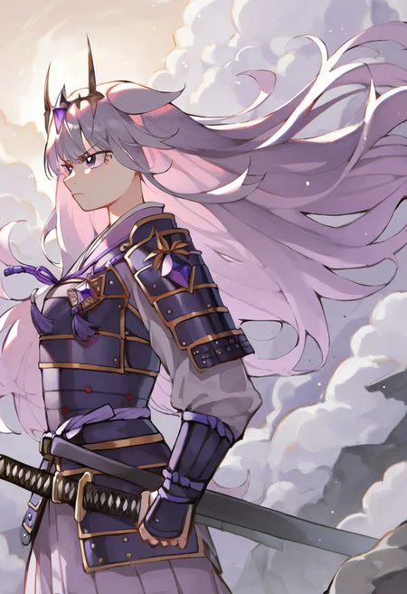 score_9, score_8_up, score_7_up, hadrian, source_anime, 1girl, boulders in back ground, stones, pepples, <lora:ChamKosekiBijouPonyXL:0.8> KosekiBijou, long hair, hair flaps, floating headpiece,  <lora:samurai_armor_pony:1.1> samurai, purple clothes, holding katana, serious