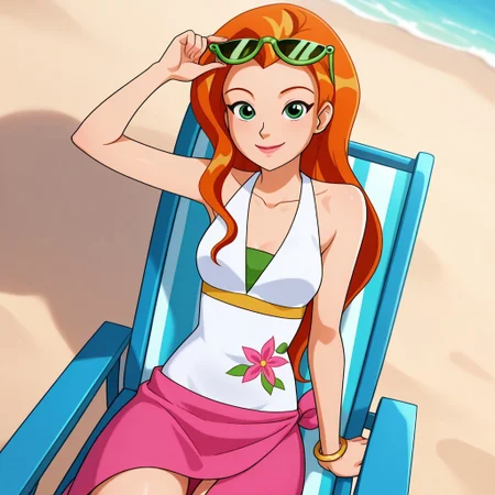 masterpiece, best quality, good quality, 1girl, solo, cartoon, totally_spies_2k24, sam, orange hair, long hair, green eyes, green sunglasses, eyewear on head, white swimsuit, fl0w3r print, bracelet, pink sarong, sexy, medium breasts, beautiful, detailed, high detailed, very beautiful, detailed face, detailed eyes, detailed hand, fingernails, outside, beach, smile, posing, pose, sitting, beach chair, looking at viewer, face focus