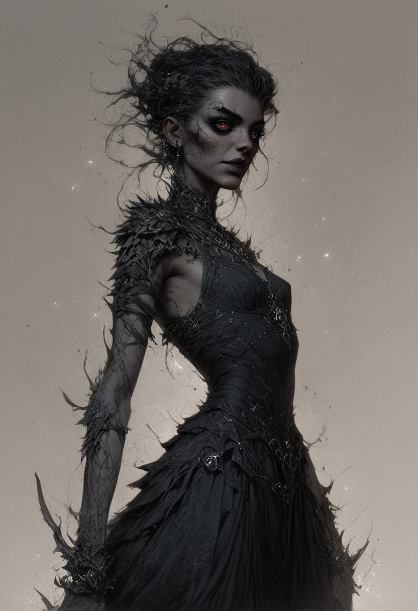 score_9, score_8_up, score_7_up, score_6_up, beautiful female, concept art, realistic,
Illustration of a cute goth girl, long black neckholder dress with deep neckline, small breasts, (freckles:0.0) strong face, fantasy, detailed eyes, dark eyes, 
cowboy shot,