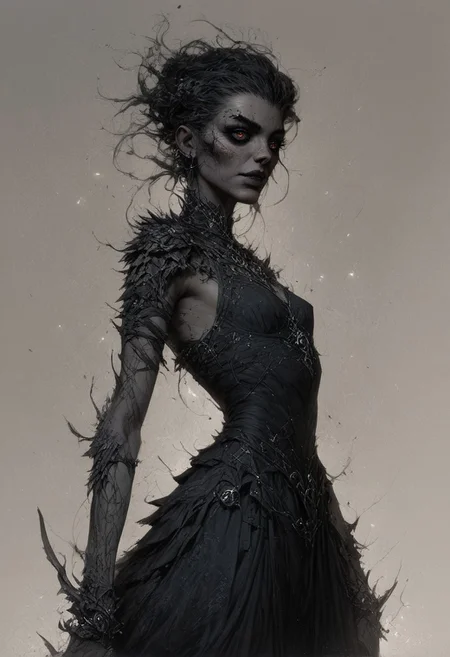 score_9, score_8_up, score_7_up, score_6_up, beautiful female, concept art, realistic,
Illustration of a cute goth girl, long black neckholder dress with deep neckline, small breasts, (freckles:0.0) strong face, fantasy, detailed eyes, dark eyes,
cowboy shot,
