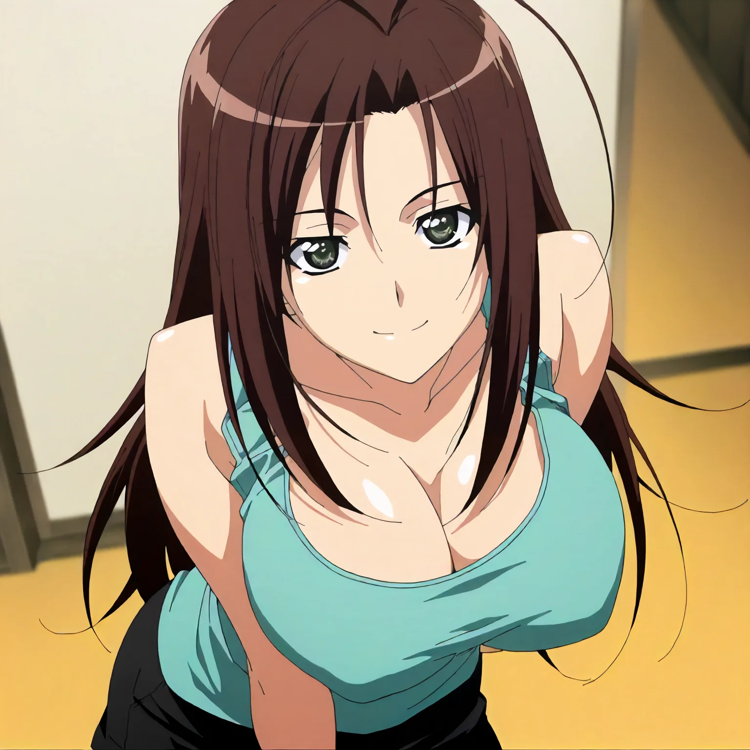 <lora:YnS_ifukube_yahiroXLIllustrious001>,
masterpiece,best quality,good quality,newest,
detailed background,glitter,
smile,
looking at viewer,
solo,
anime coloring,2000s \(style\),
ifukube_yahiro\(yosuganosora\),1girl,brown hair,long hair,green black eyes,
large breasts,
aqua tank top,cleavage,
black shorts,
standing,
