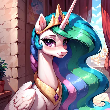 masterpiece, score_9, score_8_up, score_7_up, (best quality:1.1), ultra-detailed, high resolution, 1 girl, solo, pony, alicorn, highly detailed macro illustration, Princess Celestia smiling, blushing, Princess Celestia, feral, female, mare, cute, long eyelashes, (indoors), (((beautiful detailed eyes))), Long eyelashes, fluffy, ear fluff, long eyelashes, (cornering), taking cover, spying, marble wall, Highly Visible, (((8k))), sharp focus, perfect lighting, anatomically correct, extremely detailed, shine on body, (Canterlot Interior), high detail, cute face, Expressiveh, detailed background, OverallDetail, zPDXL2, <lora:Corneringv1:0.8>