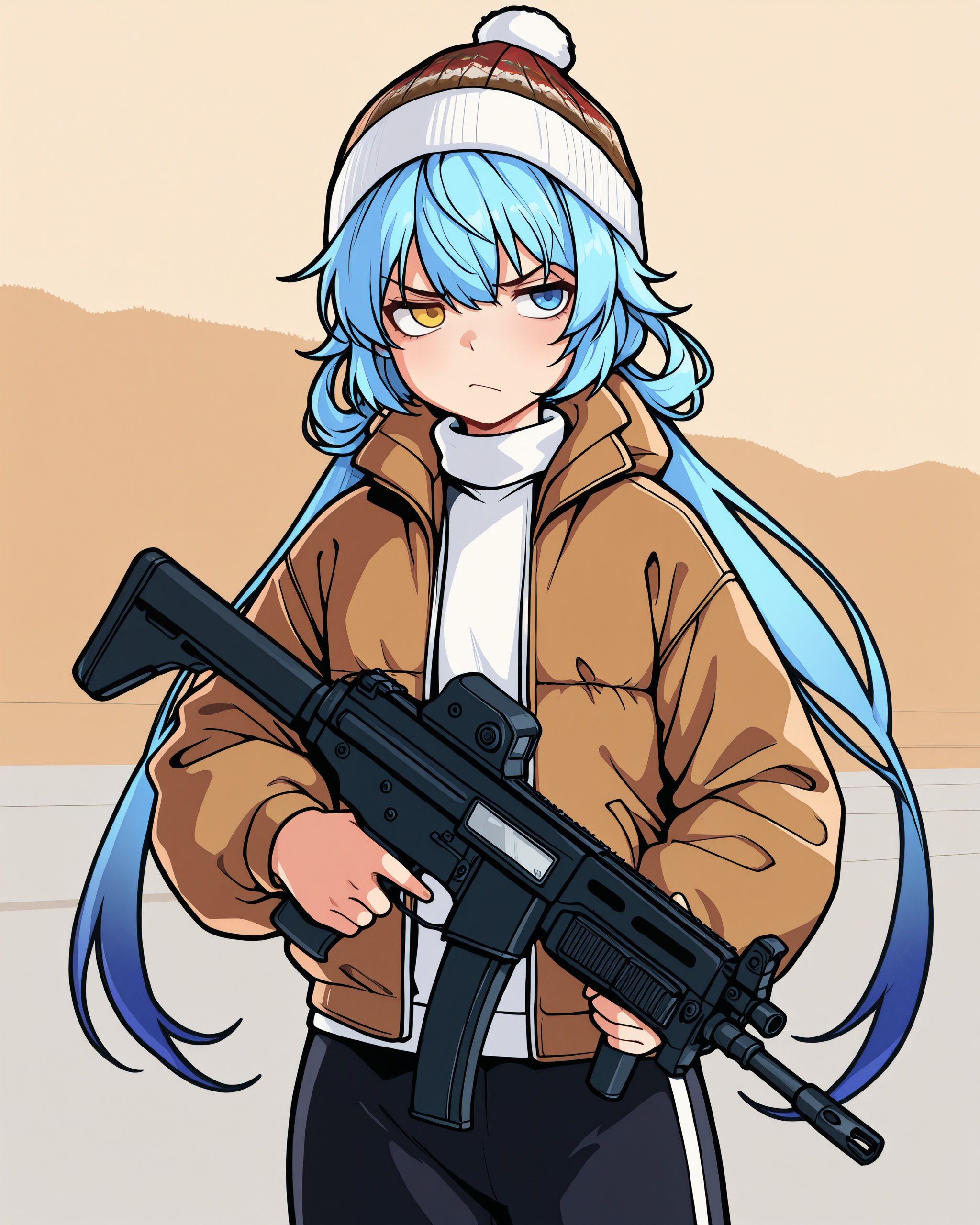 masterpiece, best quality, amazing quality, <lora:[illuXL] Grand Theft Auto Trilogy Cover Girls and Style (twinbee):0.9>, <lora:[illuXL] SPP-1 (SomeSloppyBoi):0.8>, gtaiii, 1girl, solo, SPP-1GFL, long hair, blue hair, low twintails, gradient hair, blue eyes, heterochromia, yellow eye, brown puffy jacket, long sleeves, pom pom beanie, baggy track pants, hand in pocket, holding submachine gun, raised weapon, annoyed,