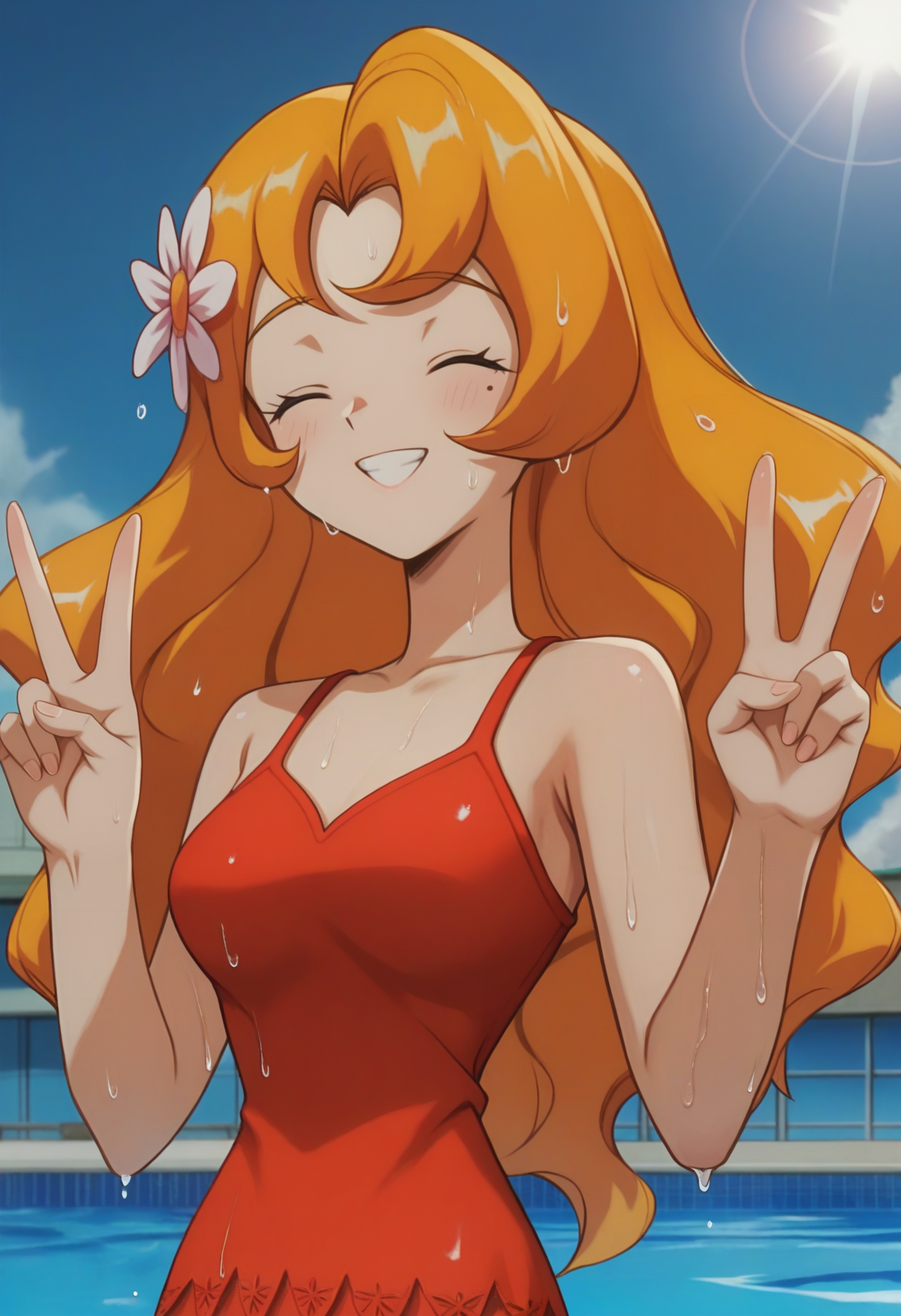 score_9, score_8_up, score_7_up, score_6_up, <lora:PMDaisy:0.9>, PMDaisy, mole under eye, bangs, long hair, orange hair, wavy hair, hair ornament, hair flower,
red dress, short dress, 
standing, looking at viewer, solo, smile, cowboy shot, wet, sweat, teeth, double v, closed eyes, upper body, 
BREAK blue sky, pool, sunlight, day,