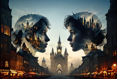 a captivating visual play of double exposure. It portrays a Silhouette of a Person with an Intricate Cityscape seamlessly integrated into the profile. The city within the silhouette boasts Gothic Architectural Elements, with towers and buildings meticulously detailed, evoking a sense of a miniature urban world contained within the human form. This artistic blend suggests a profound connection between individuals and the built environments they dwell in, highlighting the interplay between humanity and urbanization. Itâs a thought-provoking piece that merges the organic and the constructed into one harmonious composition. <lora:MJ52:1>, (masterpiece:1.2) (detailed)(photorealistic:1.2) (bokeh) (best quality) (intricate) (8k) (HDR) (cinematic lighting) (sharp focus) (Clutter-Home:1.2), Cinematic photography, movie mood, cinematic light, compelling composition, storytelling elements, conveys emotion, mood, and narrative depth, creating visually striking images that feel like still frames from a film