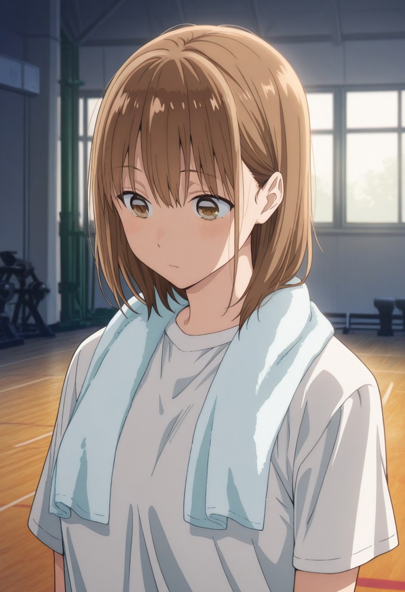 masterpiece,best quality,amazing quality, 
chinatsu, 1girl, solo, brown eyes, brown hair, bangs, t-shirt, white t-shirt,
 towel around neck, 
indoor, gym, upper body,