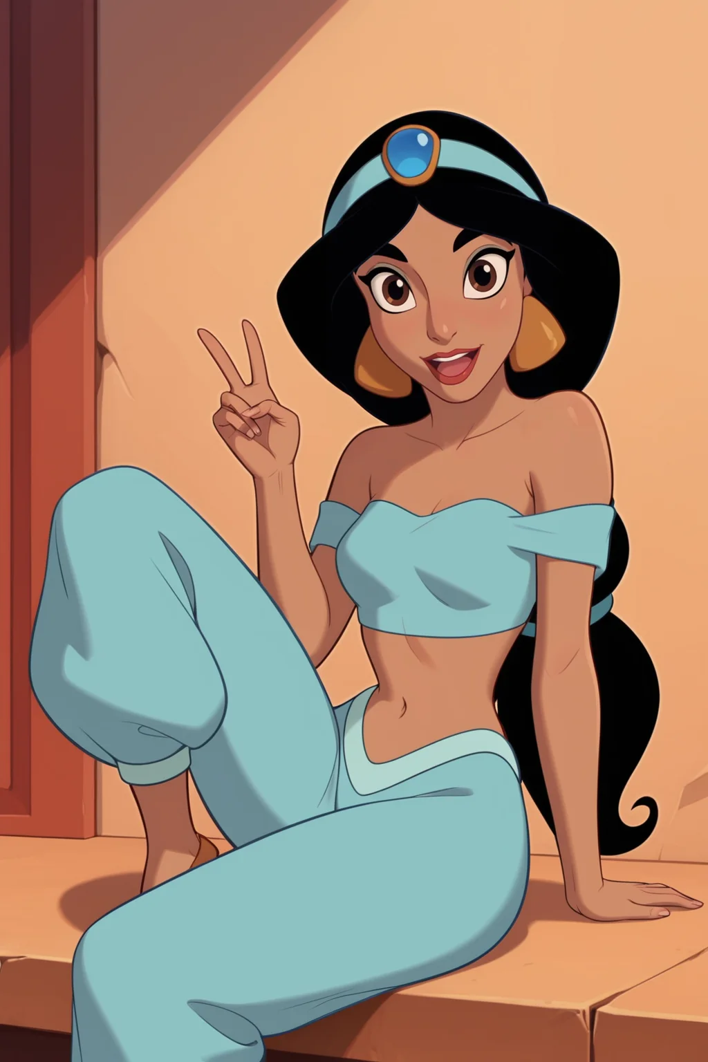 score_9, score_8_up, score_7_up, score_6_up, score_5_up, score_4_up, BREAK, <lora:Princess_Jasmine-000005:.7>, 1girl, Jasmine, dark skin, black hair, brown eyes, blue tube top, off shoulder, blue circlet, blue harem pants, multi-tied hair, sitting, one leg bent, peace sign