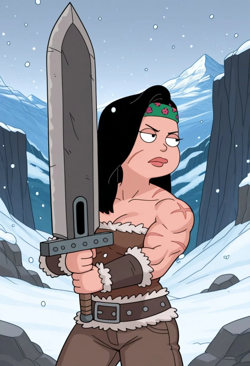 masterpiece, best quality, amazing quality, male, females only, female focus, female,1girl,mature female,(, muscle,), upper body, cowboy shot, muscular, scars, weapon, holding big sword, pants, barbarian, snow, winter, dynamic pose, rock, cliff, mountain, snowing,serious expression, big muscles,hayley, lips, black hair, long hair