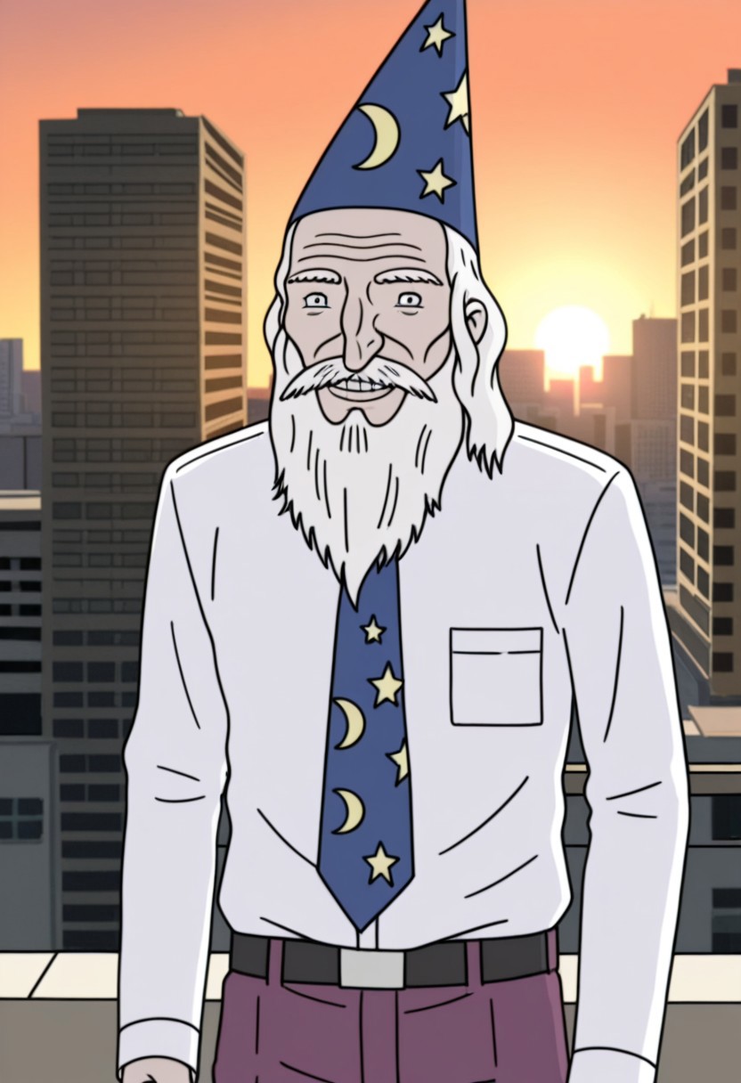 score_9, score_8_up, score_7_up, masterpiece, high quality, detailed, le0nard p0wers, wizard, light skin, white hair, long hair, long beard, skinny, wizard hat, dress shirt, wizard tie, purple pants, belt, smiling, looking at viewer, holding wand, quarter body shot, city background, sunset