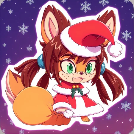 padoru <lora:padoru-IL-1.0:1>, masterpiece, perfect quality, best quality, anime coloring, Rocketgirl, 1girl, solo, animal ears, furry female, tail, brown hair, long hair, green eyes, bangs, freckles, brown fur, sidelocks, twintails, two-tone fur, christmas background <lora:Rocketgirl_v05:1>