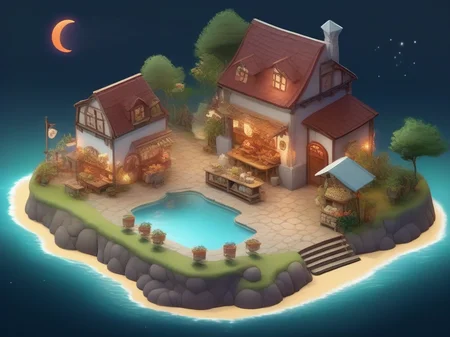isometric style, miniature, "An enchanting artistic rendition of a petite traditional village by the sea, set against the backdrop of a resplendent sunset. The elements, including the charming store, meandering footpaths, and the gentle brook, are portrayed in a stylized, CG format, reminiscent of a fairy tale. The sea glimmers with a myriad of colors, reflecting the fading hues of twilight. The beach is adorned with intricate food art, adding a whimsical touch. Above, the night sky twinkles with stars, creating a dreamlike atmosphere, <lora:isometric-v1:1>
